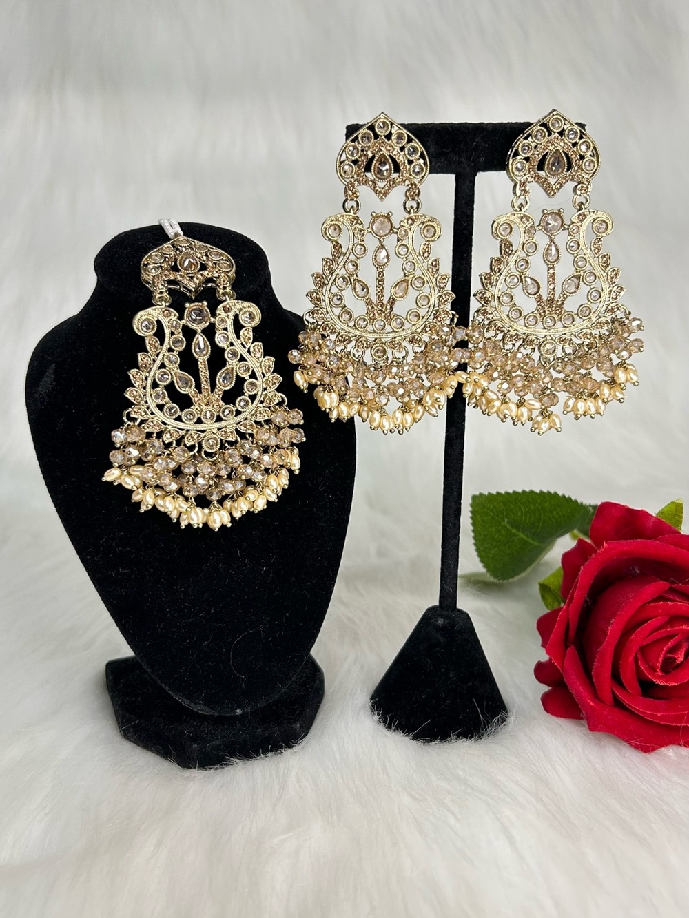 Champagne Gold Filigree Chandelier Earrings and Maang Tikka Set